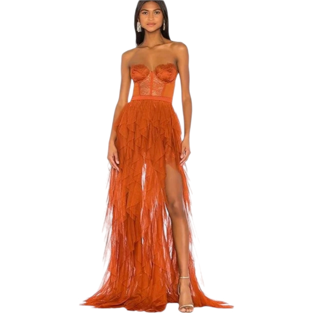 For Love And Lemons X Revolve Orange Strapless Bustier Gown